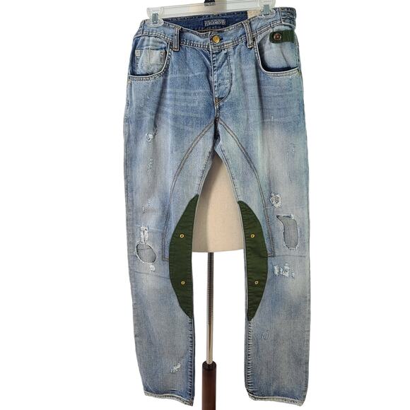 Zu + Elements Blue Green Trim Distressed Button Fly Jeans Italy Unique Size 28 - Picture 1 of 5